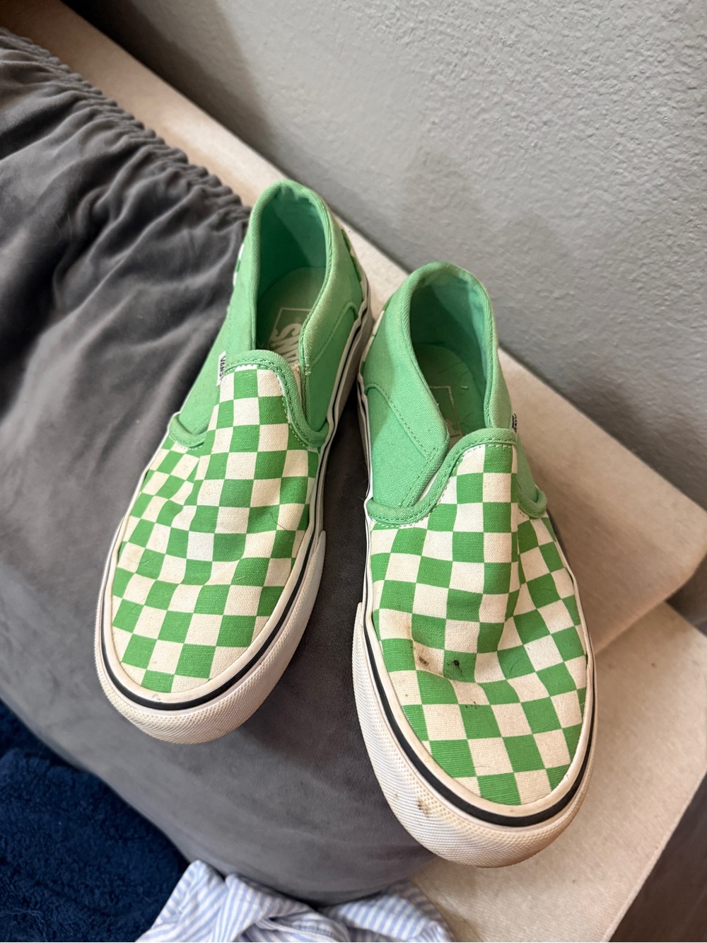 Vans Women’s Green and White Checkerboard Slip-On Sneakers